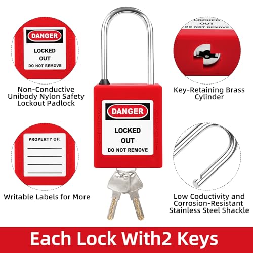 Image of 10pcs Lockout Tagout Locks Set-10pcs Red Loto Locks,Lockout Locks Keyed Different,Safety Padlocks for Electrical Lockout Tag Out Kit,2 Keys Per Lock, OSHA Compliant Lock Out