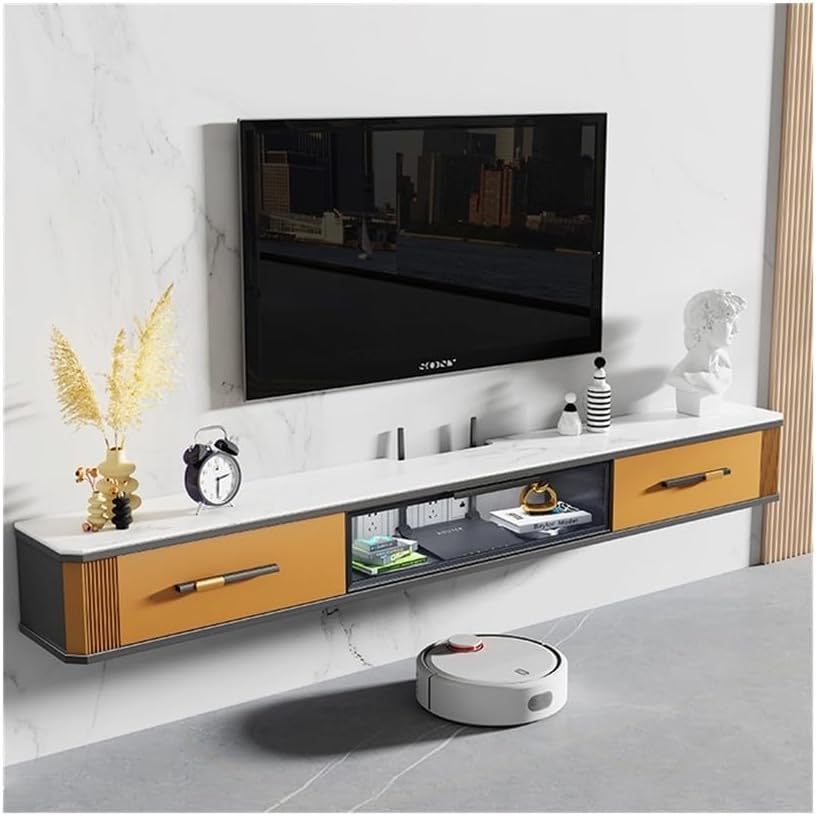 tv stand unit Floating TV Unit Under TV with Large Storage Space, Modern Luxury Floating Media Console with Glass Flip-down Door and Rock Plate Desktop, 4 Colors living room furniture(Orange,180x25x24