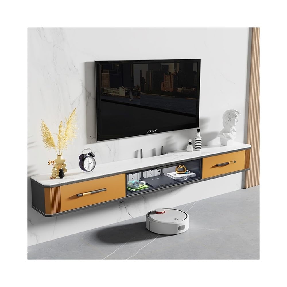 Mobile TV sospeso sotto la TV con ampio spazio di archiviazione, moderna consolle multimediale sospesa di lusso con porta a ribalta in vetro e piano in pietra, 4 colori(Orange,160x25x24cm)