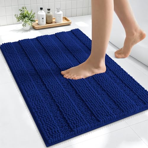 Image of Smiry Thick Small Chenille Bathroom Rugs 24x16, Extra Soft Absorbent Striped Bath Mat, Machine Washable, Rubber Backing, Bath Rugs for Tub & Shower, Modern Home Decor Accessories, Navy