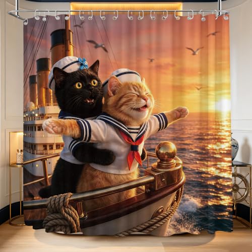 Image of Extra Long Shower Curtain Crazy Black Cat Clawfoot Tub, 108 x 72 in | for Extra Wide 108 Inchs Shower, Interesting Boys Design, Large XL Bathroom Decor Sets Waterproof Cloth Fabric, with Hooks