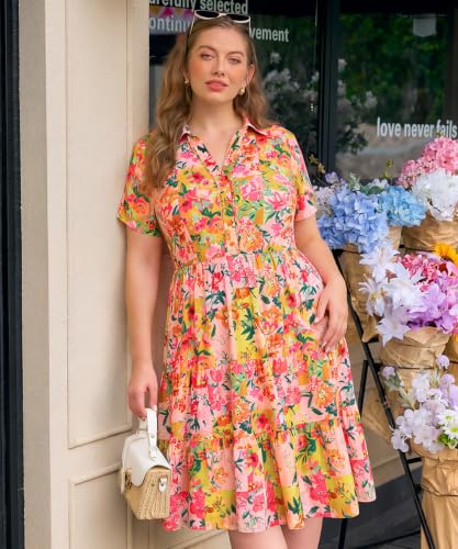 Image of CARCOS Plus Size Dresses for Curvy Women Collared Vneck Short Sleeve Dresses Midi Summer Ruffle Dress with Pocket XL-5XL