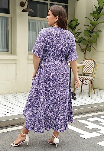 Image of Keluummi Plus Size Maxi Dress for Women V-Neck Floral Empire Waist 3 /4 Sleeve with Pockets