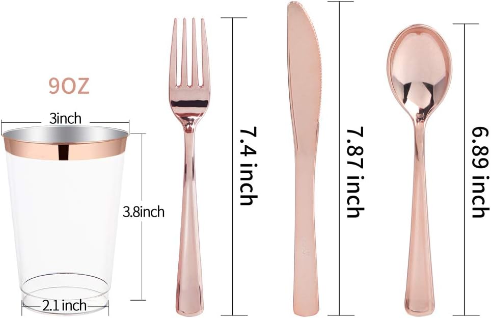 I00000 150 Piece Rose Gold Disposable Dinnerware Set-50 Rose Gold Plastic Plates Disposable-25 Rose Gold Plastic Silverware-25 Rose Gold Plastic Cups for Party Wedding