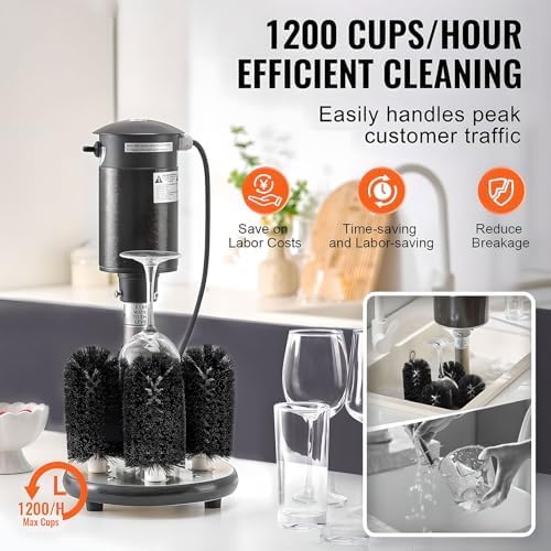 Lavadora eléctrica de vidrio, 1200 tazas/h, máquina de limpieza de copas de vino con 5 cabezales de cepillo para pulir copas de champán y tazas de cerveza, limpiador eficiente y resistente