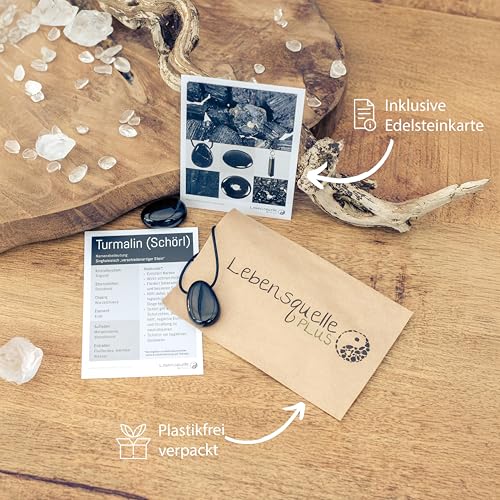 Lebensquelle Plus Schwarzer Turmalin (Schörl) Tropfenanhänger | Echter Edelstein mit verstellbarem Baumwollband & Edelsteinkarte | Gebohrter Trommelstein Anhänger