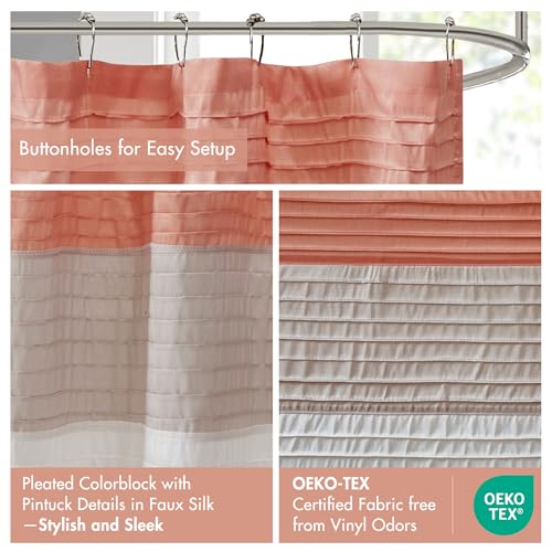 Image of Madison Park Amherst Bathroom Shower Curtain Faux Silk Pieced Striped Modern Microfiber Bath Curtains, 72x84 Inches, Coral