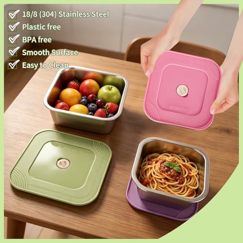 YEJZXY Stainless Steel Container with Lids Set of 4, (13.5, 24, 34, 47oz) Nesting Leak proof Lunch Containers, Reusable Meal Prep Containers, Metal Sandwich Containers, Food-grade, 4 Different Sizes by YEJZXY - Used condition - Image 3