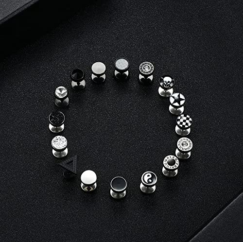 Pendientes oreja tornillo que no se caen con studs estables de acero negro mate y plata de 8mm 6