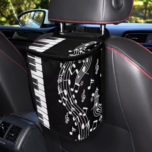Image of Talayituse Music Note Piano Key Print Car Trash Can with Lid, Leak Proof Auto Trash Bag Hanging Vehicle Garbage Can Multipurpose Storage Container for Back Seat Road Trip