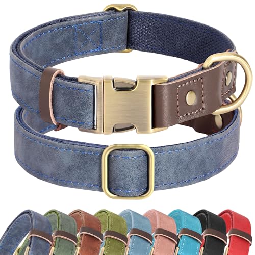 Image of Didog PU Leather Dog Collar for Large Dogs, Soft Nylon Lining, Blue XL