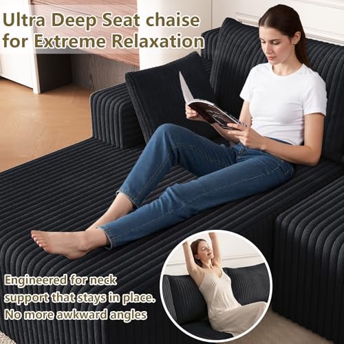 Image of 124 inch Modular Sectional Sleeper Sofa, Boneless Cloud Couch for Living Room, U Shaped 3 Seat Sofa with Deep Seat, Free Combination, Couch in a Box, No Assembly Required (Black)