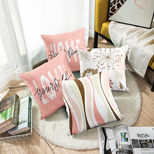 Emvency Set Of 4 Throw Pillow Covers Pink Cute Floral Bird Home Sweet Home Love Yourself Abstract Blossom Decorative Pillow Cases Home Decor Standard Square 18X18 Inches Pillowcases #TOP4
