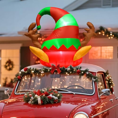 Soulchen 4 ft Inflatable Christmas Elf Car Roof Decoration with LED Lights, Blower, Suction Cups for Trucks, SUVs, Buses