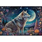 TWYYDP Puzzle de 1500 Piezas Luna, Cielo Estrellado y Lobo. Puzzle de Madera Puzzles Difícil