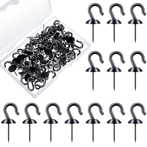 Image of Hotop 30 Pieces Push Pin Wall Hooks Metal Thumb Tack Hangers Iron Alloy Nail Decorative Picture Hooks for 20 Lbs Home Office School Party Supply (Black)