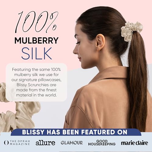 Image of Blissy Silk Scrunchies (3 Pack) - 100% Pure Mulberry Silk - 22 Momme 6A High-Grade Fibers Scrunchie for Straight & Curly Hair - Preventing Breakage, Tangling, & Creasing (Champagne Skinny)