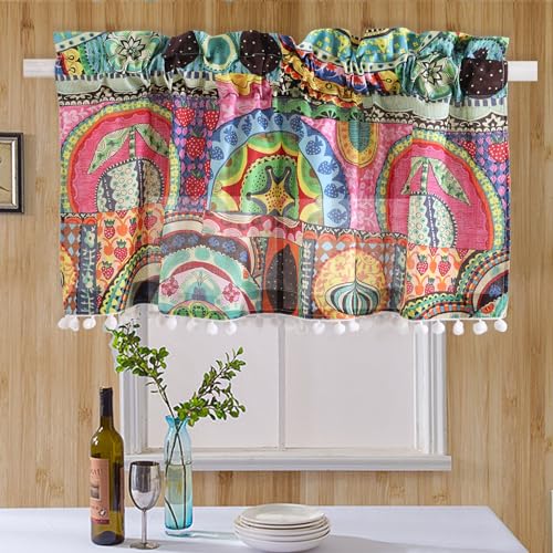 Image of Ravaiyaa - Attitude is everything Hand Printed Half Window Kitchen Curtain 100% Cotton Short Drapery Valance Curtain 40 inch X 18 inch Inch (Multi Ikat)