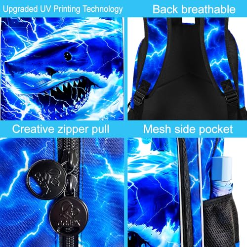 Image of 17 inch Shrak Backpack for Boy, 3Pcs Lightning Bookbag for Elementary Preschool Kindergarten, Kids School Thunder Backpacks with Lunch Box (Blue)