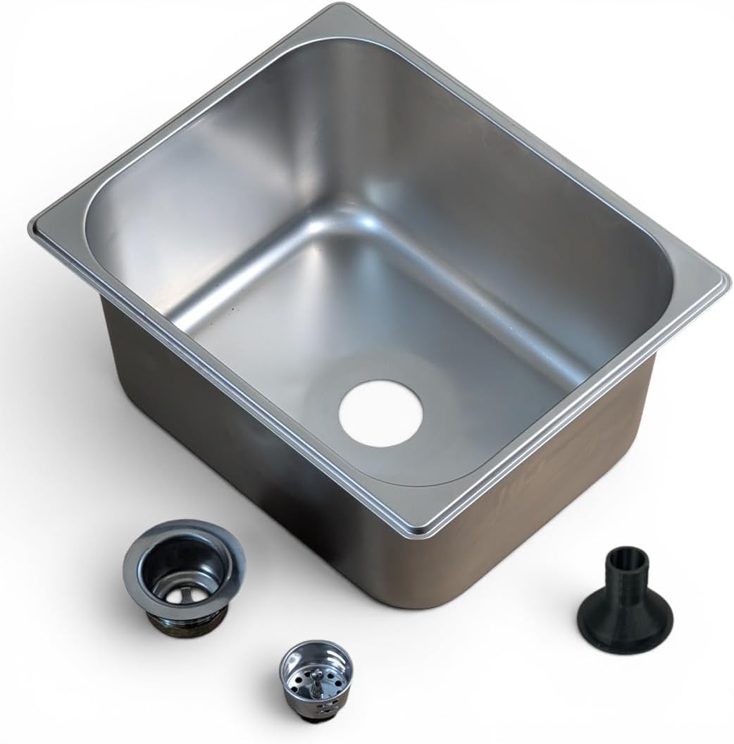 1-Compartment Drop-in Stainless Steel RV Sink Kit, 12.75x10.5x6 inches, with Strainer (Sink + Strainer + Drain Hose Adapter)