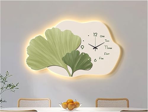 Reloj de pared - Reloj de pared con luz nocturna, silencioso, luminoso, Ginkgo Biloba, arte de pared, pintura decorativa, con control remoto y
