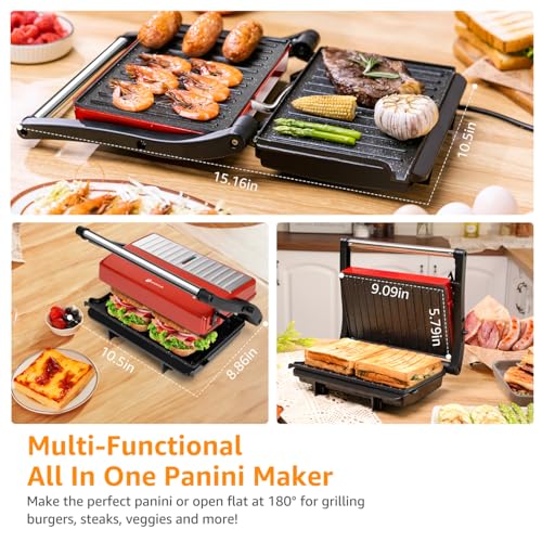 Panini Press Grill, Aigostar 1000W Sandwich Maker with Ceramic Non-stick Plates, Opens 180 Degrees for Any Size Food, 3-in-1 Sandwich Press Electric Grill, Drip Spout & Locking Lid, Red - Thumbnail 3