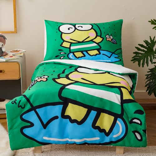 Image of CLOTHKNOW Frog Toddler Bedding Sets for Boys, 4 Pieces Bedding Sets, Cute Animal Cartoon Pattern, Soft Crib Bed Set Including Comforter, Flat Sheet, Fitted Sheet and Pillowcase
