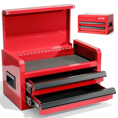 OLY-PRO Mini Toolbox with 2 Drawers and Top Storage Durable Steel Construction with Ball-Bearing Slides Multi-Purpose Portable Tool Boxes Case Organizer for Garage Red