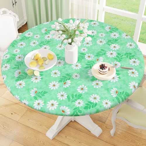 misaya Round Fitted Tablecloth with Elastic Edge, 100% Waterproof Oil Proof Plastic Table Cover, Vinyl Flannel Backed Tablecloth Fits 36"-44" Round Tables for Easter, Outdoor, Picnic, Green Daisy
