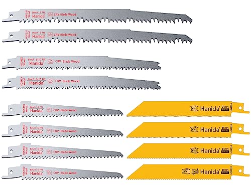 Hanida 12 Pack Reciprocating Saw Blades Metal, Wood Pruning Saw Blades For Reciprocating/Sawzall Saws, Bi-M42 Sawzall Blades For Metal & Wood Cutting, 9 Inch, 8 Inch, 6 Inch Pruner Saw Blades Set #TOP4
