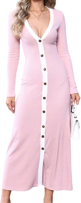 Womens Long Sleeve Ribbed Knit Bodycon Sweater V-Neck Button Down Color Blocked Casual Midi Party Dress