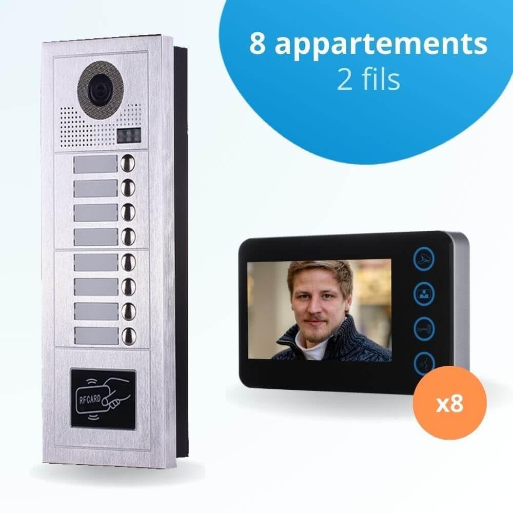 Portier interphone vidéo Modern 2 Fils - 8 Appartements - 8 écrans Noirs - avec Lecteur de Badge