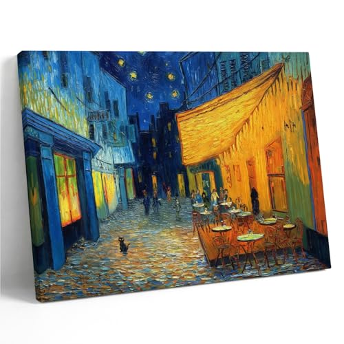 Romantic Cat Wall Art, Van Gogh Style Cafe Terrace at Night Canvas Print