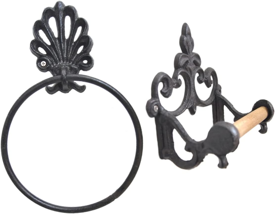 2Pcs Wrought Iron Towel Hanging Ring and Bathroom Tissue Holder Space Saving Round Rack for Decor Easy Installation Black Finish