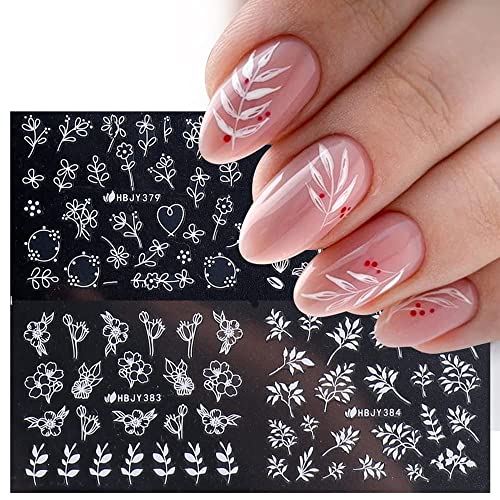 Flowers Nail Decals 3D Self-Adhesive White Floral Nail Art Stickers Wedding Lace Floral Nail Supplies Retro Vine Leaf Pattern Design Luxury Crown Nail Decorations For Women Girls(373-384 White) #TOP1