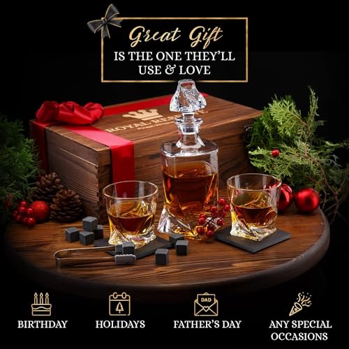 Whiskey Decanter Set by Royal Reserve – Whiskey Gifts Set - Twisted Bourbon Decanter 24 oz with Glasses, Whiskey Stones, Coasters, Tongs – Birthday Gift for Men, Husband, Him, Dad, Boyfriend