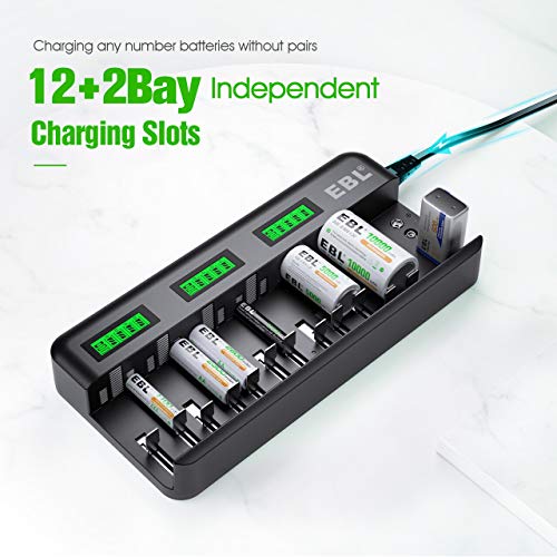 Image of EBL 12+2 Bay Universal Rechargeable Battery Charger for AA AAA C D 9V Ni-MH Ni-CD Batteries & 9V Rechargeable Batteries (AC Power Supply)