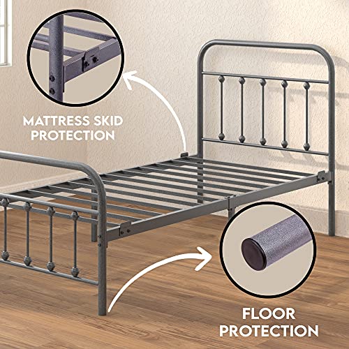 CASTLEBEDS Vintage Twin Metal Bed Frame with Headboard and Footboard – Platform/Wrought Iron/Heavy Duty/Solid Sturdy Metal Slat/Rustic Gray Silver/No Box Spring Needed/Mattress Foundation AMBEE21 - Thumbnail 6