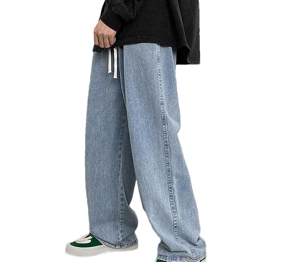 Men’S Oversized Denim Pants Relaxed Straight Leg Jeans Low Waist Loose Fit Casual Drawstring Wide Leg with Button
