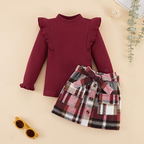 Image of Weixinbuy Toddler Girl Fall Winter Clothes Solid Long Sleeve Ribbed T-Shirt Knit Tops Plaid Button Mini Skirts Set Outfits