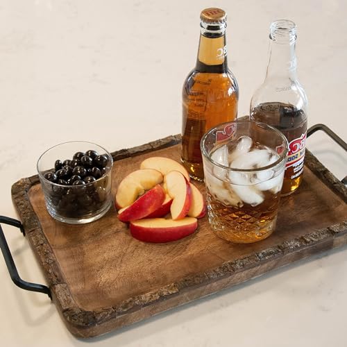 Image of Premium Mango Wood Serving Tray with Handles - Rustic Wooden Tray for Kitchen, Dining, Coffee, Snacks & Home Decor - 14x9 Inch Rectangle Wooden Tray