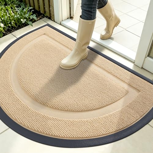 Image of OLANLY Half Circle Door Mat Indoor Outdoor Entrance Welcome, Waterproof All-Season, All-Weather Doormat, Sturdy Natural Rubber, Low Profile, Easy Clean Patio Porch Entryway Mat, 35x23, Beige