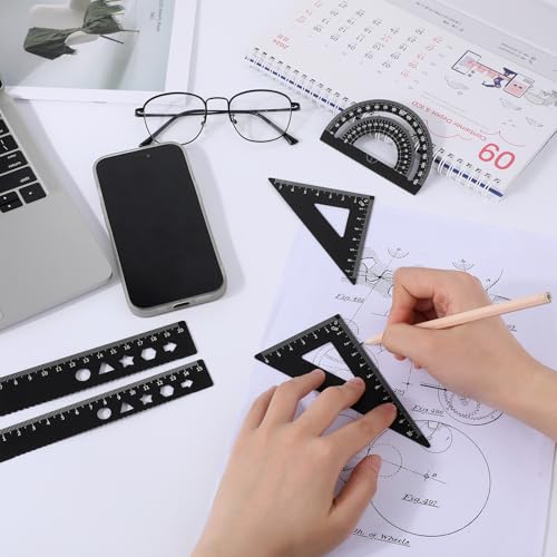 JIYIN Conjunto de 5 peças de régua de metal, conjunto de geometria de régua preta inclui réguas tria