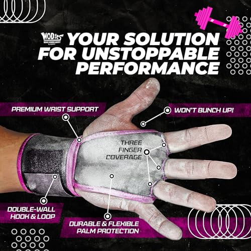 JerkFit WODies 3 Hole Gymnastics Grips with Wrist Support - Hand Grips, Latex Free Elastic Crossfit Grips for Weightlifting, Cross Training - Palm Protection Pull Up Grips for Men and Women (Medium)