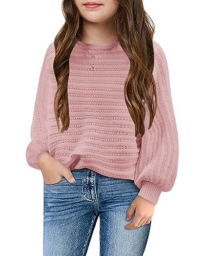 Image of Mafulus Girl's Puff Long Sleeve Crewneck Pullover Sweaters Kids Cable Knit Hollow Out Slouchy Cute Fall Jumper Tops 5-14T