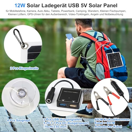 【12W Solar Ladegerät 16V Kit】KWODE 2 USB Tragbares Solarladegerät, 12W Mini Solarpanel Flexible Solar Panel IP67 Solar Ladegerät für Camping Kamera Mobiltelefone Powerbank,Solar Autobatterie Ladegerät