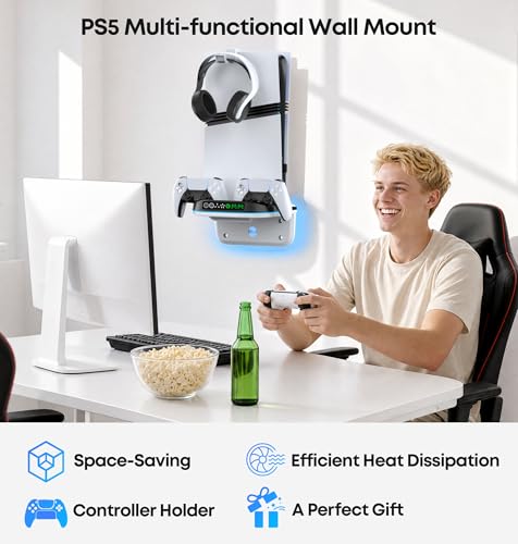 Image of P5 Wall Mount Kit Cooling Station with Dual Controller Charger, Floating Shelf Behind TV for P5 /Slim /Pro, Wall Bracket Compatible with P5 Disc & Digital, 9 RGB Lights P5 Fan Accessories, Black & White
