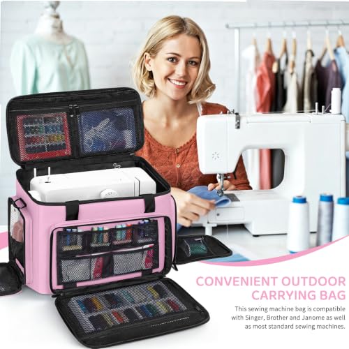 Image of Sewing Machine Carrying Case with Multiple Storage Pockets Large Capacity, Universal Tote Storage Bag Compatible with Most Standard Singer, Brother, Janome, Pink