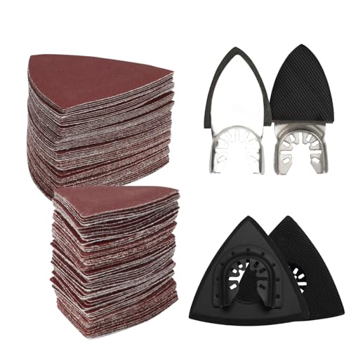 104Pcs Oscillating Multi-Tool Sanding Pads Kit 2Pcs Triangle Sanding Pads and 2Pcs Finger Sanding Pad 100Pcs Sandpaper for Wood Sanding Plaster
