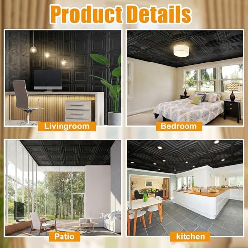Nuanchu 60 Pcs Drop Ceiling Tiles 12 x 12 Inch PVC Ceiling Tiles Glue up Cuttable Paintable DIY Wall Panels 3D Decorative for Bathroom Interior Kitchen TV Background (Black) - Thumbnail 7